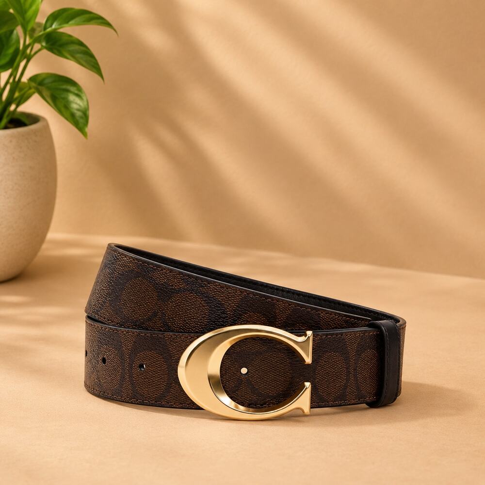 NWT Coach Women's Signature Buckle Belt, 38mm (Chestnut Black, Medium)